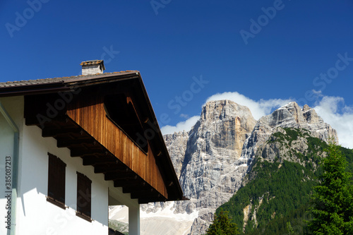 Mountain landscape along the road to Forcella Staulanza at Selva di Cadore, Dolomites photo