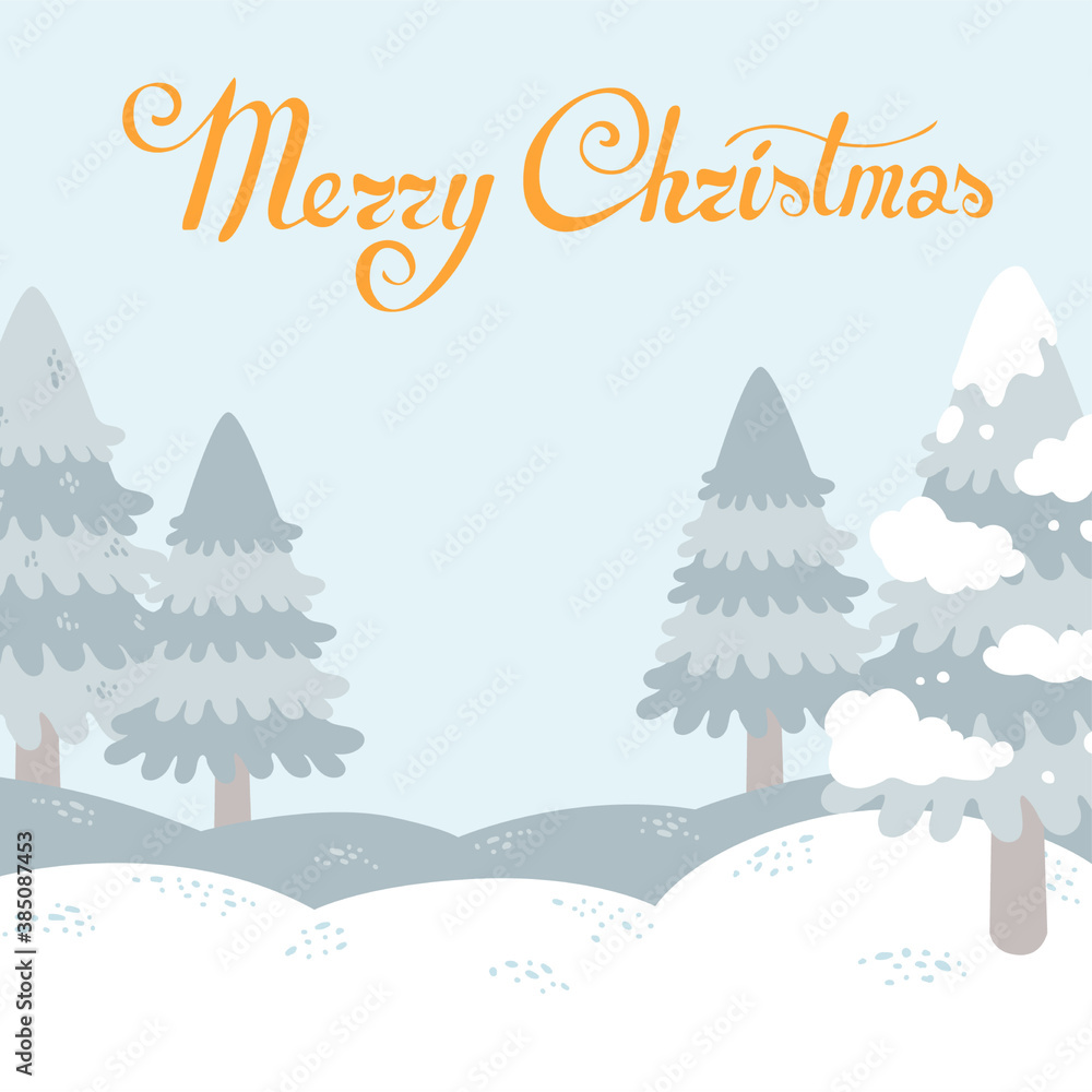 Merry christmas and happy new year postcard. Winter forest landscape. Fir tree. Magic night. Lettering Merry Christmas. Blue and white. Flat cartoon vector illustration. 