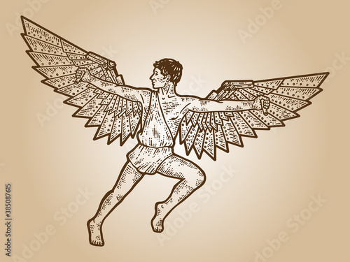 Icarus, a guy with steel wings. Apparel print design. Scratch board imitation. Sepia vintage hand drawn image.