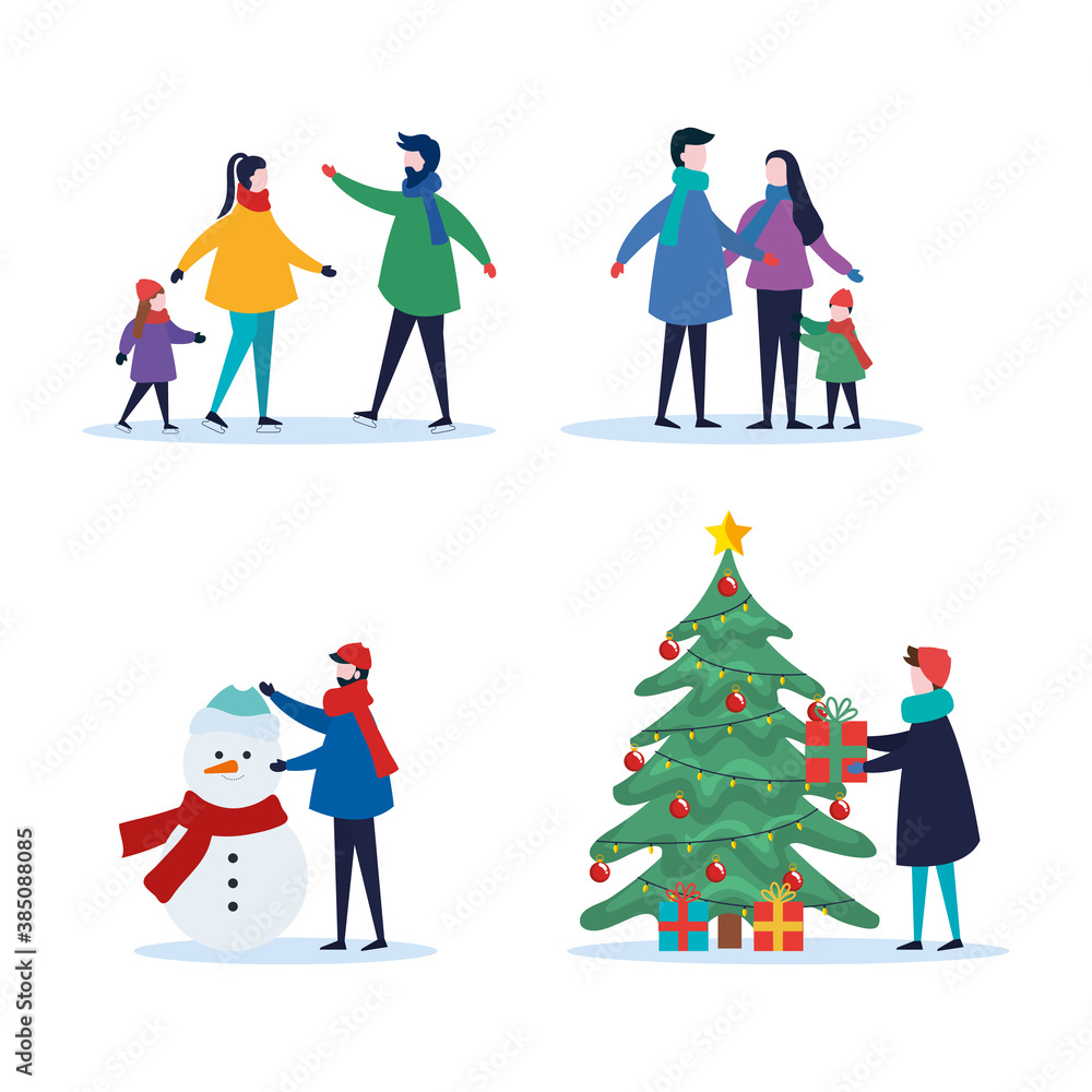 merry christmas family with pine tree gifts and snowman set icons design, winter season and decoration theme Vector illustration merry christmas family with pine tree gifts and snowman set icons design, winter season and decoration theme Vector illustration