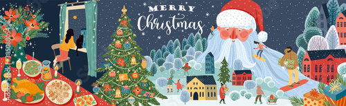 Set of Christmas and Happy New Year illustrations. Vector design banner.
