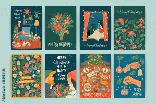 Set of Christmas and Happy New Year illustrations. Vector design templates.