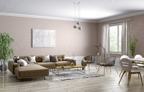 Fototapeta Naklejka Na Ścianę i Meble -  Interior design of modern scandinavian apartment, living room 3d rendering