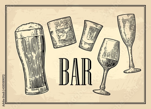 Signboard BAR. Set glass beer, whiskey, wine, tequila.