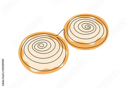 Сontinuous one line drawing of cinnabons logotype emblem. Hand drawn sketch of cinnamon roll with cream frosting, bakery and cafe theme for posters cards and banner. Vector illustration