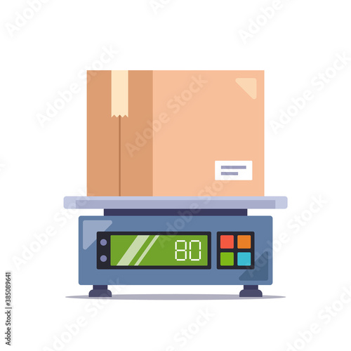 weigh the parcel in a cardboard box on an electronic scale. flat vector illustration isolated on white background