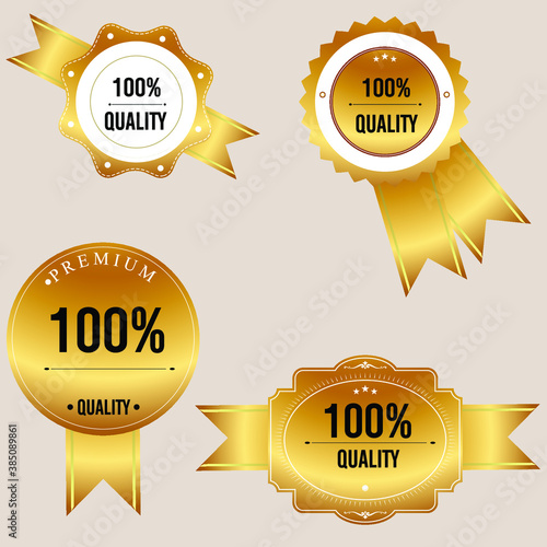 Vector illustration. 100% guarantee golden labels High quality customer satisfaction guaranteed with golden ribbon on golden badge.