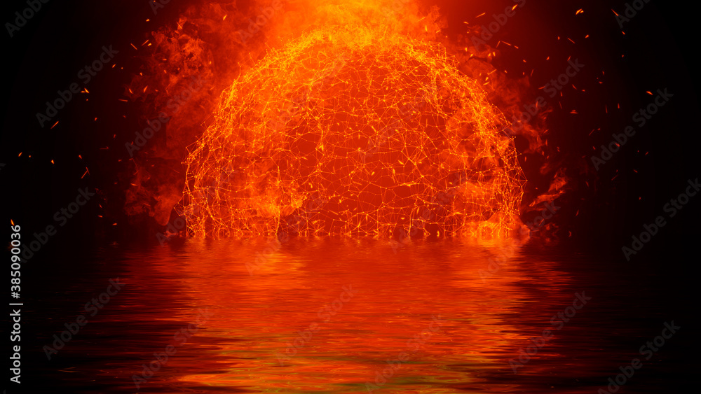 Abstract blurred plexus effect background. Fire planet earth with particles on reflection in water. Mess communication technology network background with moving lines and dots. Stock illustration.