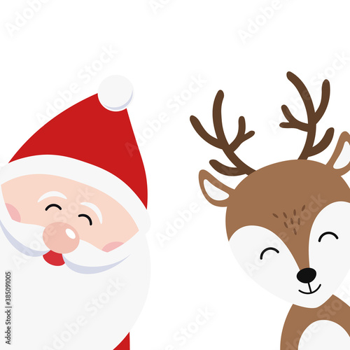 Santa and reindeer cartoon merry christmas card white background