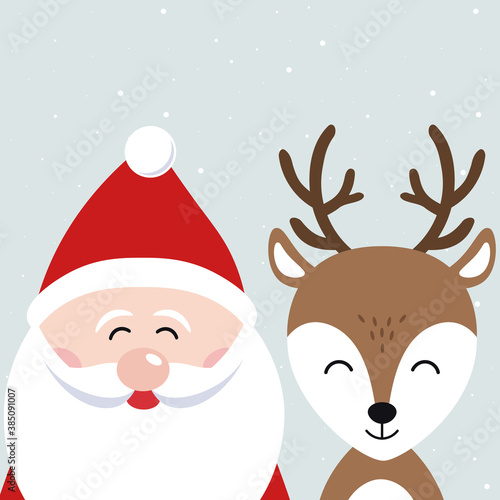 Santa and reindeer cartoon merry christmas card snowy background