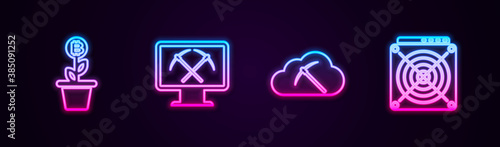 Set line Bitcoin plant in the pot, Mining with monitor and pickaxe, Cryptocurrency cloud mining and ASIC Miner. Glowing neon icon. Vector.