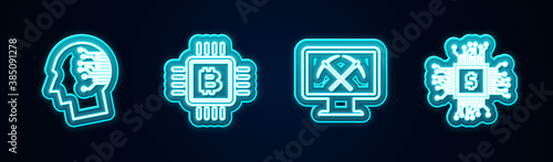 Set line Brain as digital circuit board, CPU mining farm, Mining with monitor and pickaxe and Processor chip dollar. Glowing neon icon. Vector.