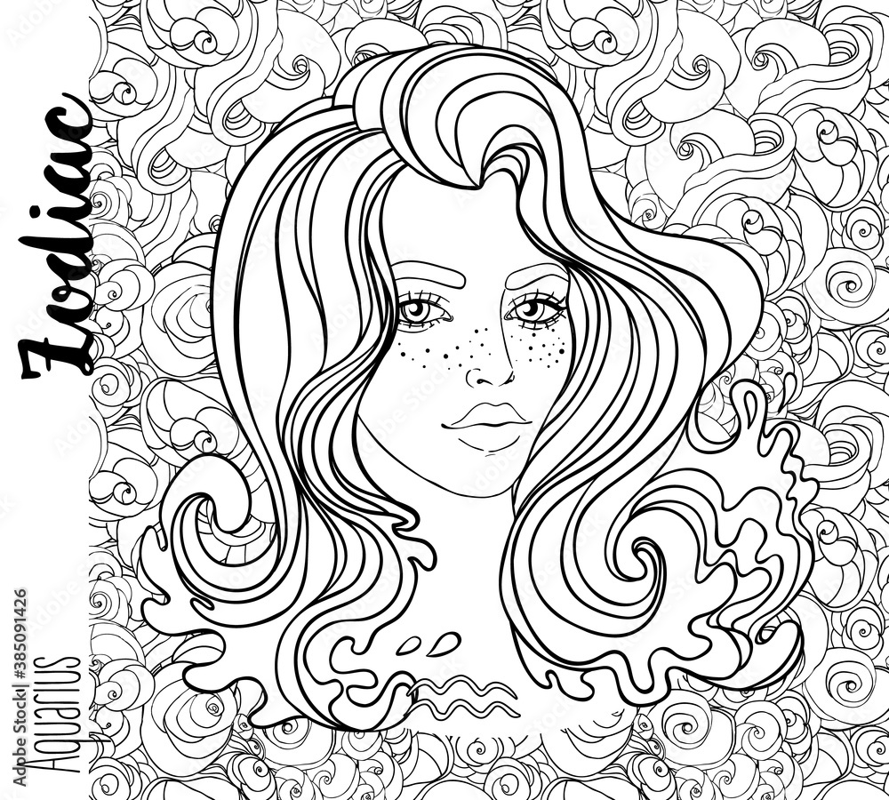 Illustration of Aquarius astrological sign as a beautiful girl. Zodiac vector drawing isolated in black and white. Future telling, horoscope, alchemy, spirituality. Coloring book for adults.