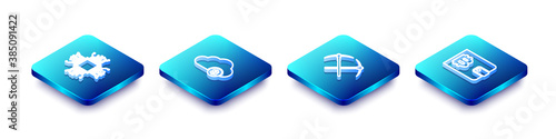Set Isometric line Processor, Cryptocurrency cloud mining, Crossed pickaxe and wallet icon. Vector.