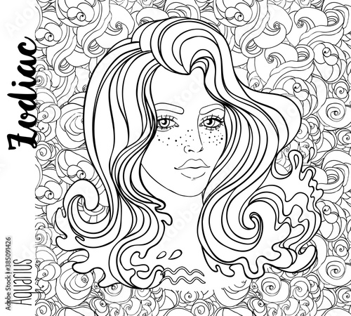 Illustration of Aquarius astrological sign as a beautiful girl. Zodiac vector drawing isolated in black and white. Future telling, horoscope, alchemy, spirituality. Coloring book for adults.