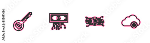Set line Cryptocurrency key, bitcoin in circuit, with and cloud mining icon. Vector.