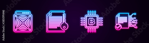 Set line ASIC Miner, Smart contract, CPU mining farm and . Glowing neon icon. Vector.