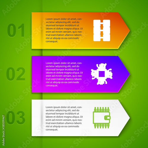 Set line Mining farm, Processor, Cryptocurrency wallet and chip with dollar. Business infographic template. Vector.