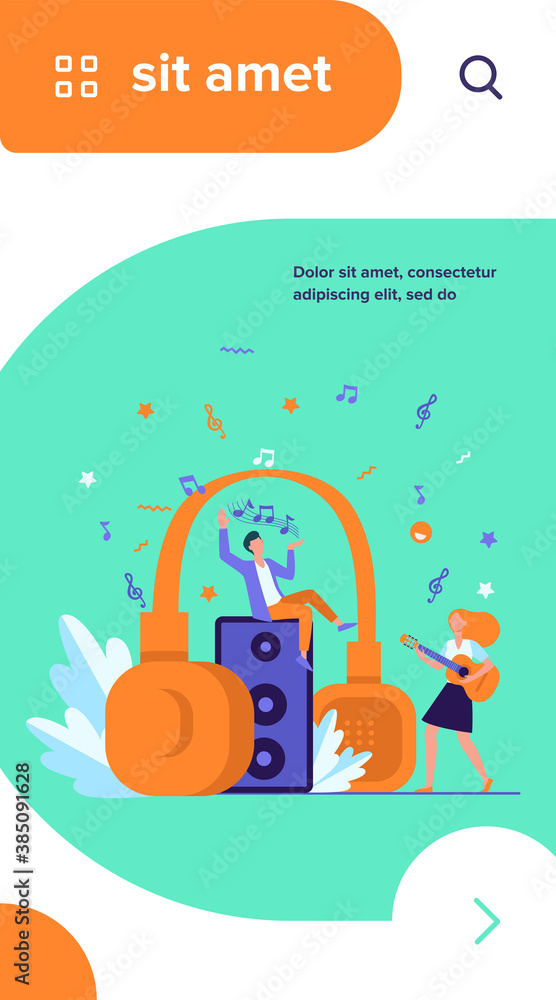 Fototapeta premium Happy tiny people listening spiritual music near huge headphones flat vector illustration. Young guy holding star and girl playing guitar. Lifestyle and technology concept
