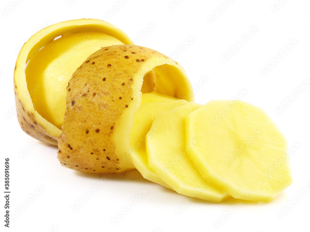 Peeled Potato with Potato Slices isolated on white Background Peeled Potato with Potato Slices isolated on white Background
