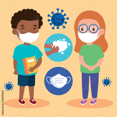 New normal school of girl and boy kid with mask design of covid 19 virus and prevention theme Vector illustration