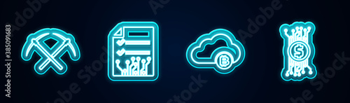 Set line Crossed pickaxe, Smart contract, Cryptocurrency cloud mining and bitcoin circuit. Glowing neon icon. Vector.