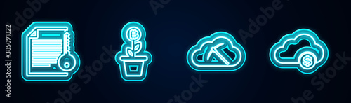 Set line Smart contract, Bitcoin plant in the pot, Cryptocurrency cloud mining and . Glowing neon icon. Vector.