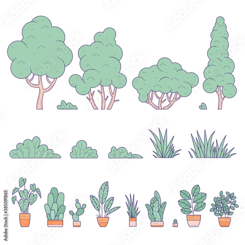 Flat design indoor and outdoor, home and landscape garden potted and ground plants. Vector icons and design element set isolated on white background.