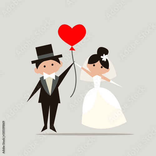 Vector illustration. Cartoon wedding pictures cute bride and groom couple cartoon character set.