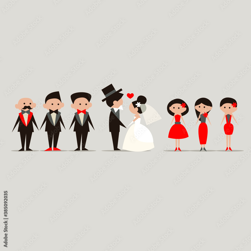Vector illustration. Cartoon wedding pictures cute bride and groom couple cartoon character set. Vector illustration. Cartoon wedding pictures cute bride and groom couple cartoon character set.