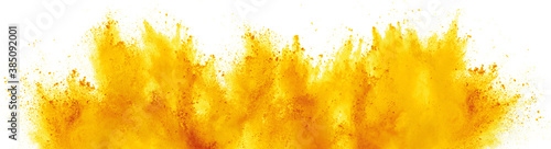 bright yellow holi paint color powder festival explosion isolated white background. industrial print concept background