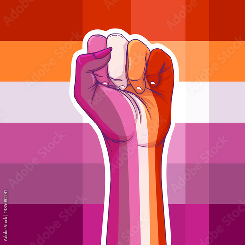 Lesbian community poster design. Striped fist rased up. Gay Pride. LGBTQ concept. Isolated vector colorful illustration. Sticker, patch, t-shirt print, greeting card, banner.