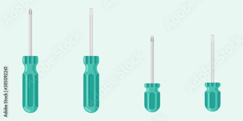 Set of four screwdrivers flat vector illustrations.