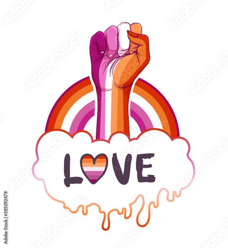 Lesbian community poster design. Striped fist rased up. Gay Pride. LGBTQ concept. Isolated vector colorful illustration. Sticker, patch, t-shirt print, greeting card, banner.