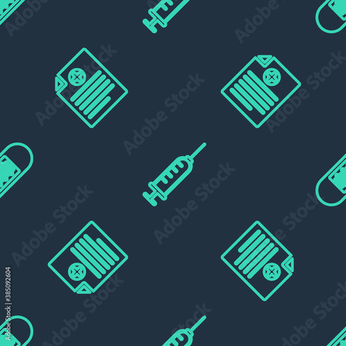 Set line Syringe, Clinical record and Bandage plaster on seamless pattern. Vector.