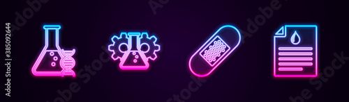 Set line DNA research, search, Bioengineering, Bandage plaster and Clipboard with blood test. Glowing neon icon. Vector.