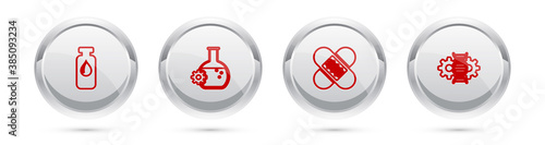 Set line Medical vial, ampoule, Bioengineering, Crossed bandage plaster and Gene editing. Silver circle button. Vector.