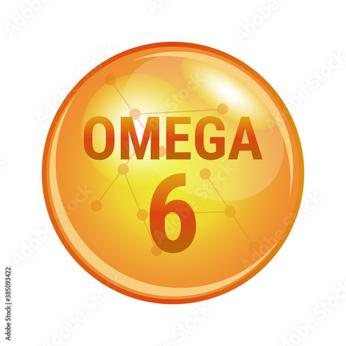 Vector illustration of omega-6. A family of polyunsaturated fatty acids found mainly in vegetable oils. Vector medical icon of capsule for health. Gold shining pill isolated on a white background.