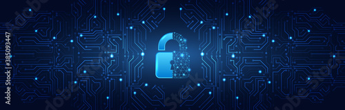 Internet security technology concept for business. Confidential data protection. Cybersecurity or information privacy idea. Padlock on the blue circuit board background.