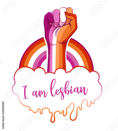 Lesbian community poster design. Striped fist rased up. Gay Pride. LGBTQ concept. Isolated vector colorful illustration. Sticker, patch, t-shirt print, greeting card, banner.