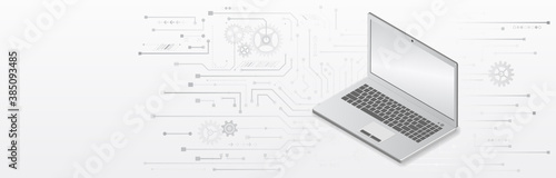 3d Digital laptop templates. Mockup notebook device on the gray technology background. Isometric laptop vector illustration.