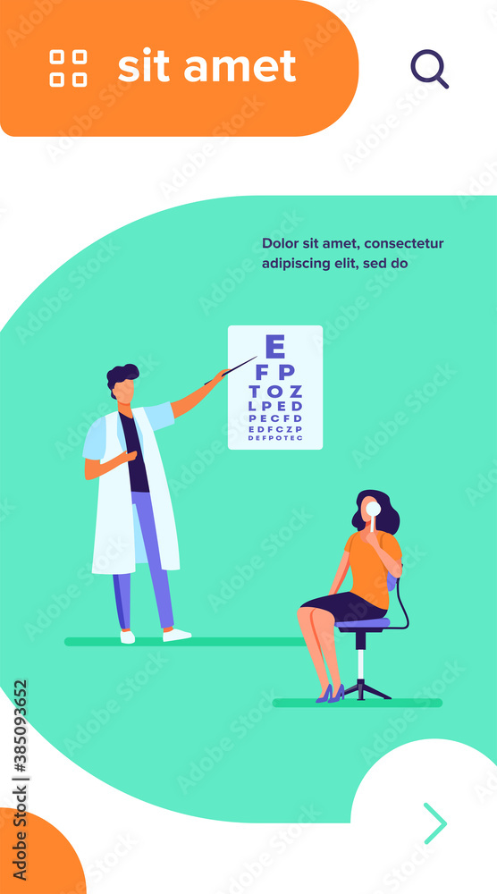 Woman examining eyes with help of ophthalmologist. Oculist, letter, hospital flat vector illustration. Medicine and healthcare concept for banner, website design or landing web page