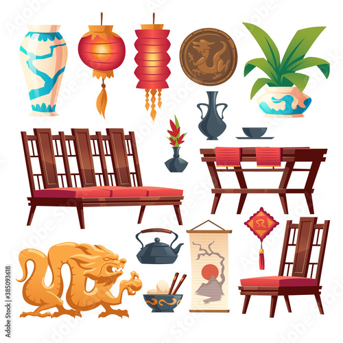 Chinese restaurant stuff isolated set. Traditional asian cafe decor, red lantern, wooden table and chairs, vase and coin with dragon, rice in bowl with sticks, tea pot, Cartoon vector illustration