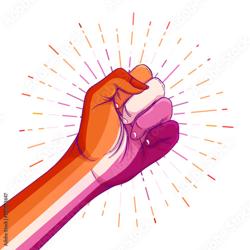 Lesbian community poster design. Striped fist rased up. Gay Pride. LGBTQ concept. Isolated vector colorful illustration. Sticker, patch, t-shirt print, greeting card, banner.