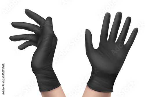 Nitrile gloves on hand front and side view. Black rubber disposable latex personal protective equipment for health or laboratory workers isolated on white background, Realistic 3d vector illustration