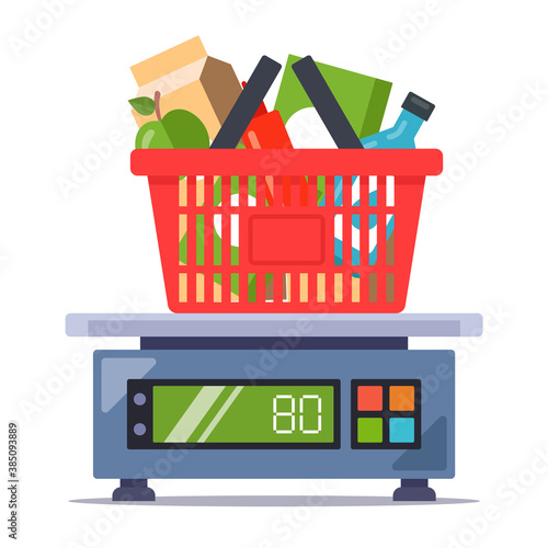 weigh products from the store on the scales. food set. flat vector illustration isolated on white background.