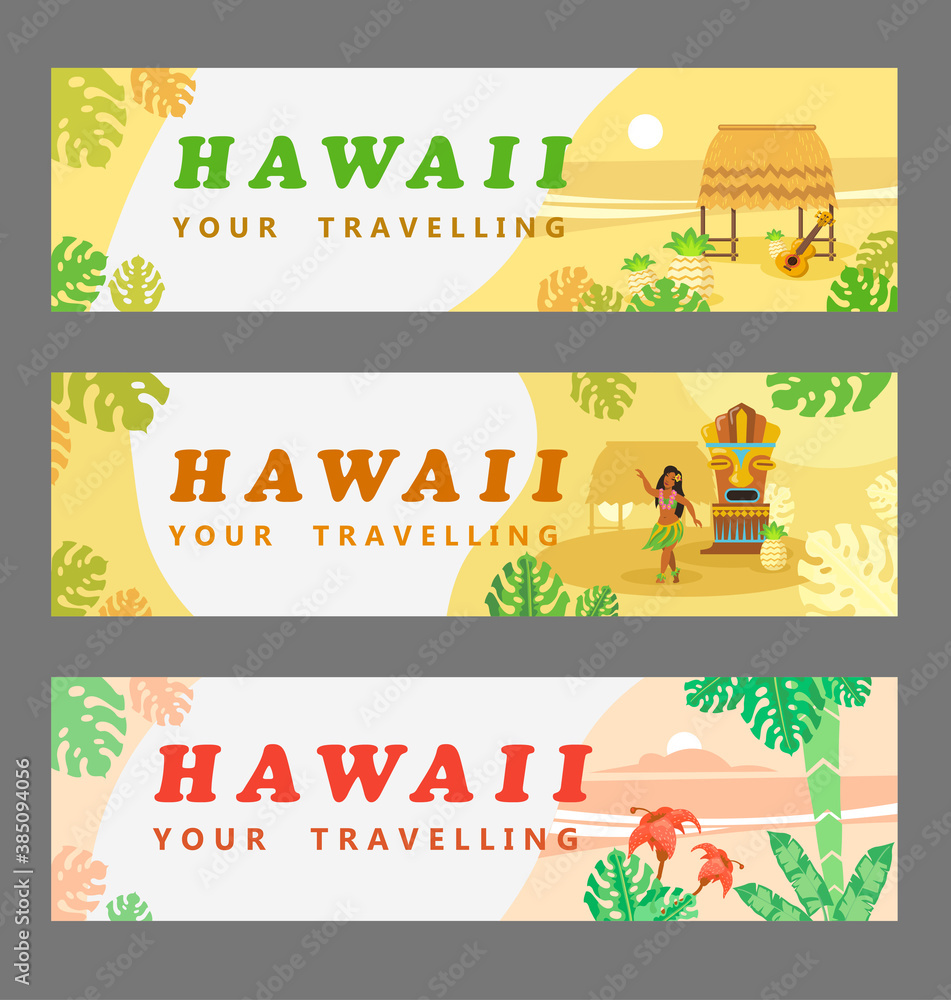 Collection of Hawaiian banners. Travelling, palms, woman, guitar, flower. Flat vector illustration can be used for invitations, posters and announcements