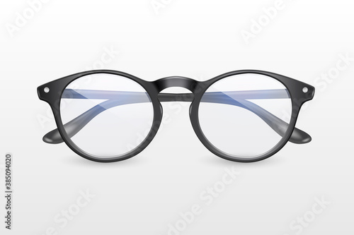 Vector 3d Realistic Plastic Round Black Rimmed Eye Glasses Icon Closeup Isolated on White Background. Women, Men, Unisex Accessory. Optics, Health Concept. Design Template, Mockup. Front View