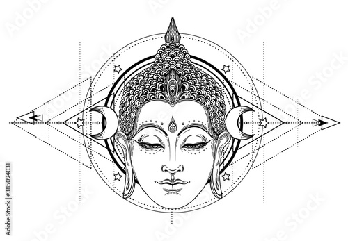 Buddha face over ornate mandala round pattern. Esoteric vintage vector illustration. Indian, Buddhism, spiritual art. Hippie tattoo, spirituality, Thai god, yoga zen Coloring book pages for adults.