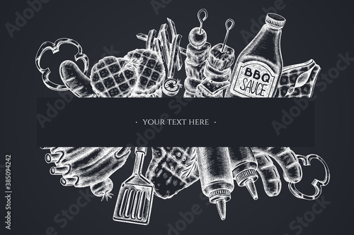 Frames with chalk spatula, Pork ribs, kebab, sausages, steak, sauce bottles, grilled burger patties, grilled tomato, grilled salmon steak, grilled bell pepper